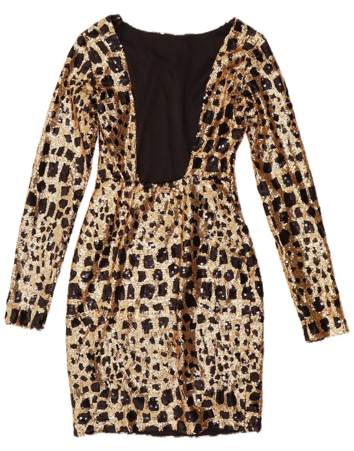 GUESS Damen Langarm-Pailletten-Bodycon-Kleid UK 6 XS Gold Geometrisch