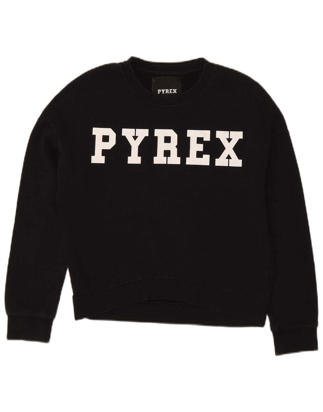 Pyrex Womens Oversized Crop Graphic Sweatshirt Pullover UK 6 XS Schwarz Baumwolle