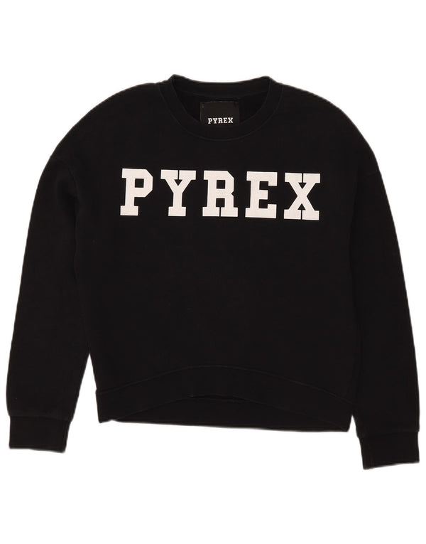 Pyrex Womens Oversized Crop Graphic Sweatshirt Pullover UK 6 XS Schwarz Baumwolle