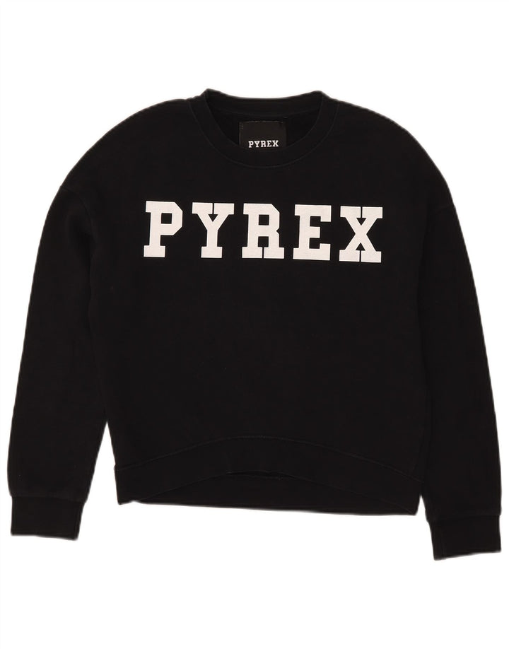 Pyrex Womens Oversized Crop Graphic Sweatshirt Pullover UK 6 XS Schwarz Baumwolle