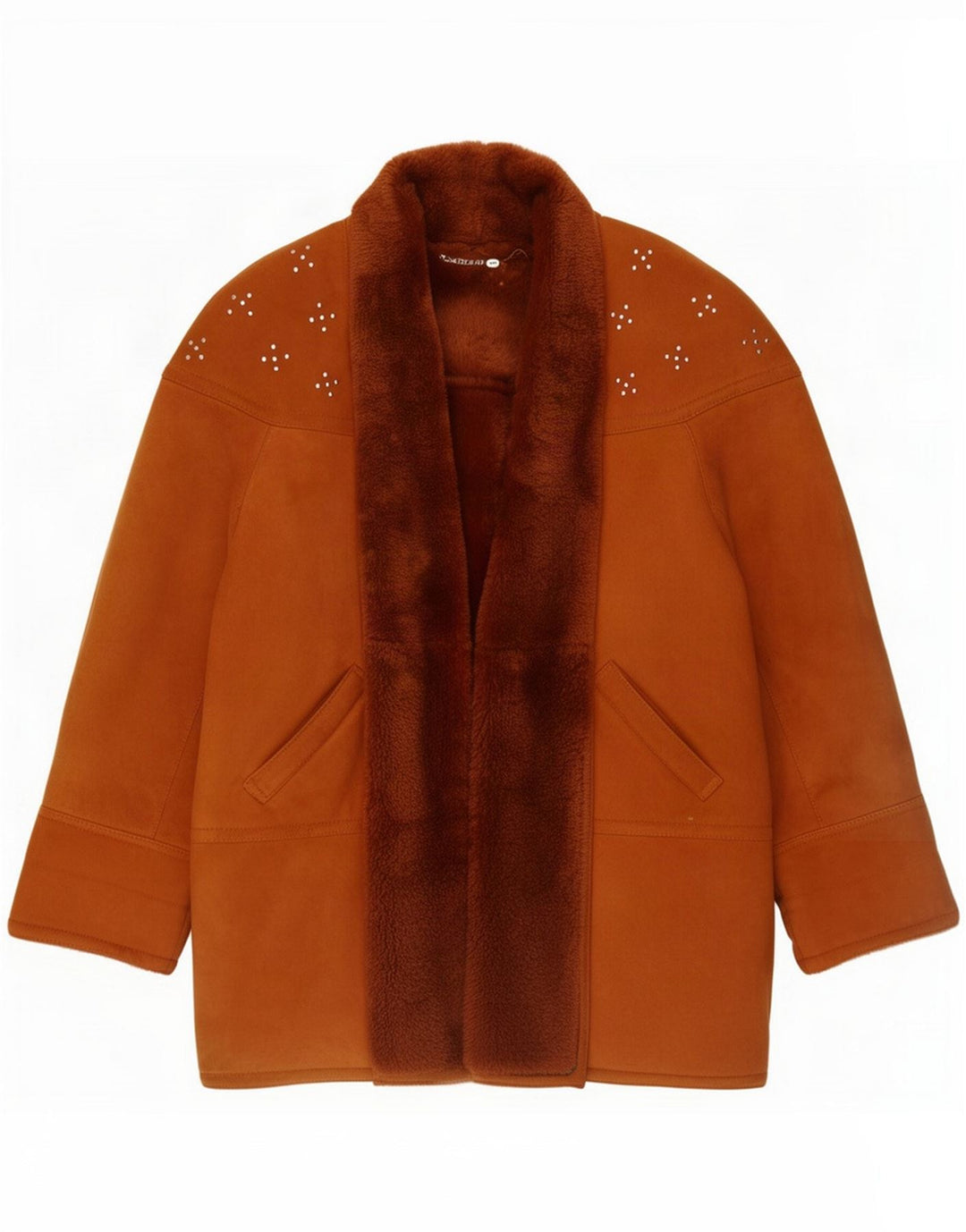 Vintage Damen Übergroßer offener Shearling-Mantel EU 36 Small Brown