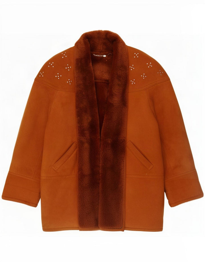 Vintage Damen Übergroßer offener Shearling-Mantel EU 36 Small Brown