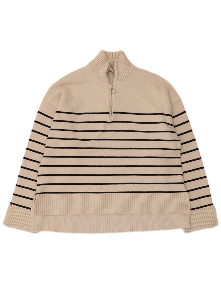 Zara Damen-Pullover, übergroß, mit Reißverschluss, Gr. 10, Größe S, Beige, gestreift