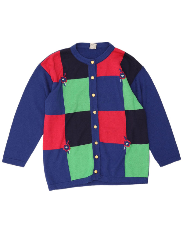 Vintage Damen Cardigan Pullover UK 16 Große blaue Colourblock-Baumwolle