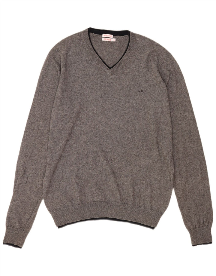 Sun68 Herren-Pullover mit V-Ausschnitt, XL, graue Baumwolle