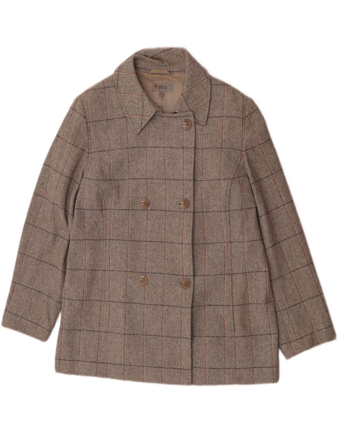 Marks & Spencer Damen Zweireihiger Mantel UK 18 XL Grau karierte Schurwolle