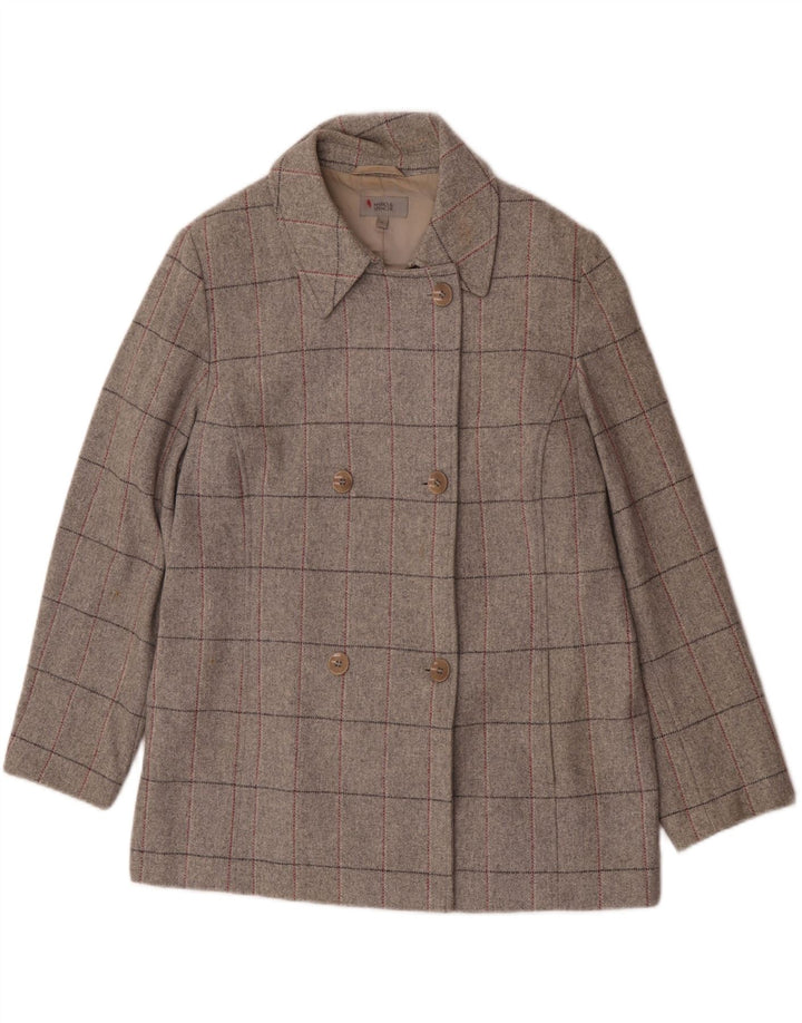 Marks & Spencer Damen Zweireihiger Mantel UK 18 XL Grau karierte Schurwolle