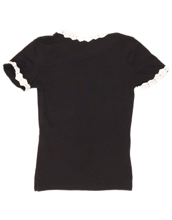 Zara Damen Crop T-Shirt Top UK 8 Small Schwarz geblümt Baumwolle