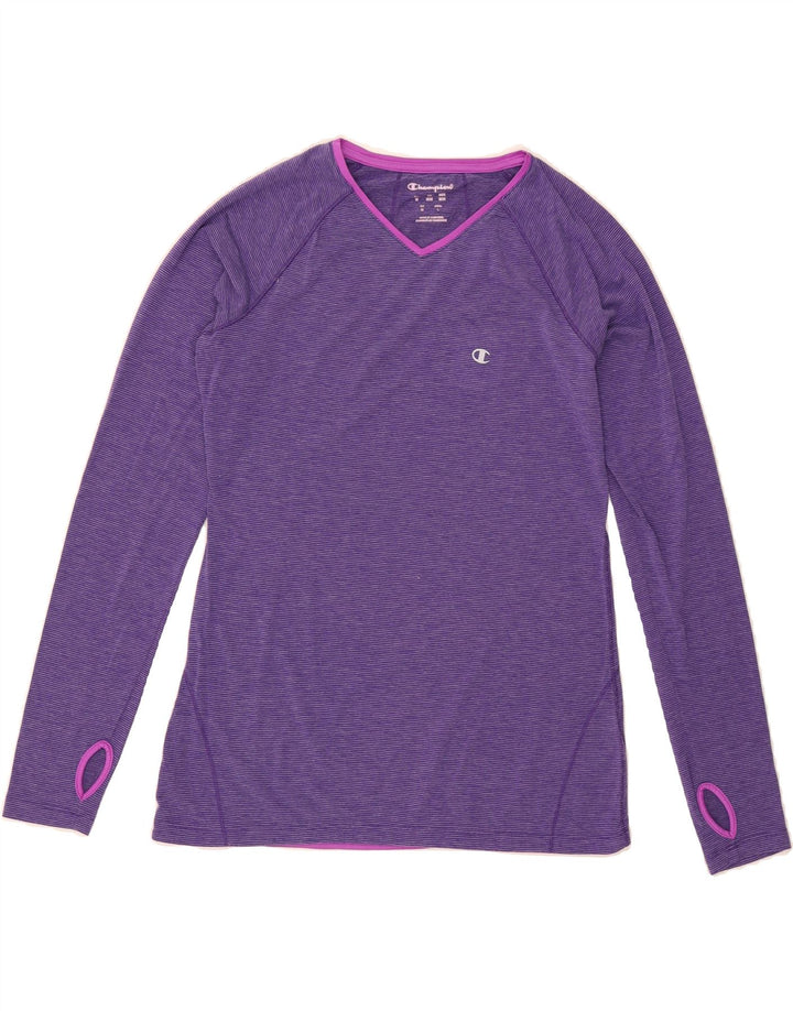 CHAMPION Womens Top Long Sleeve UK 12 Medium Purple Striped Polyester Vintage Champion and Second-Hand Champion from Messina Hembry 