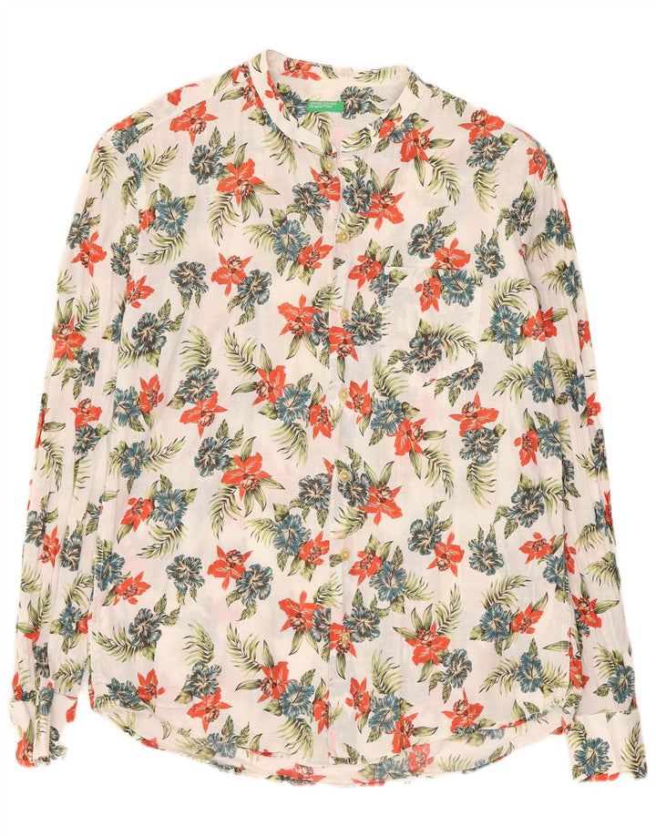 Benetton Herrenhemd, groß, weiße Baumwolle mit Blumenmuster