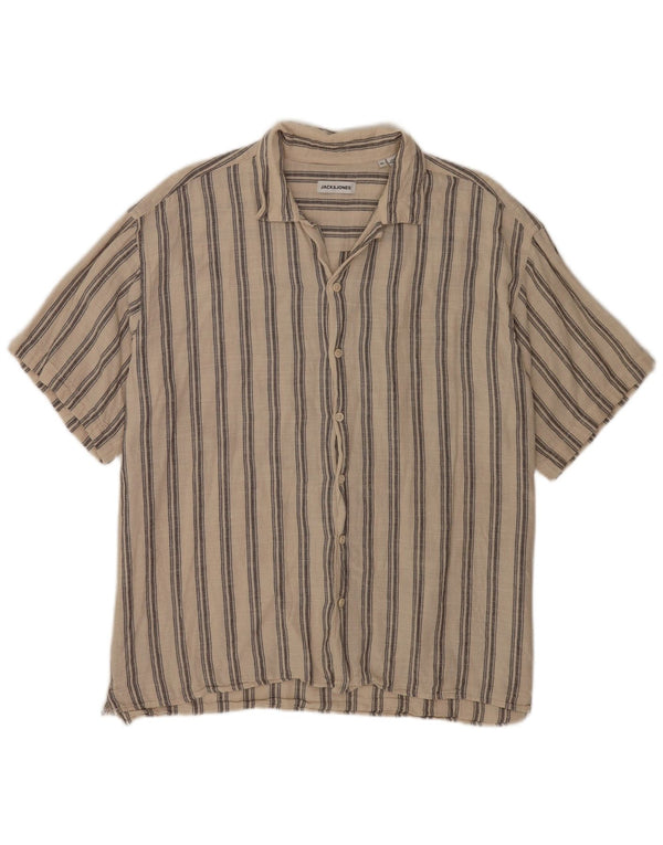 Jack & Jones Herren Kurzarmhemd XL Beige gestreift aus Baumwolle