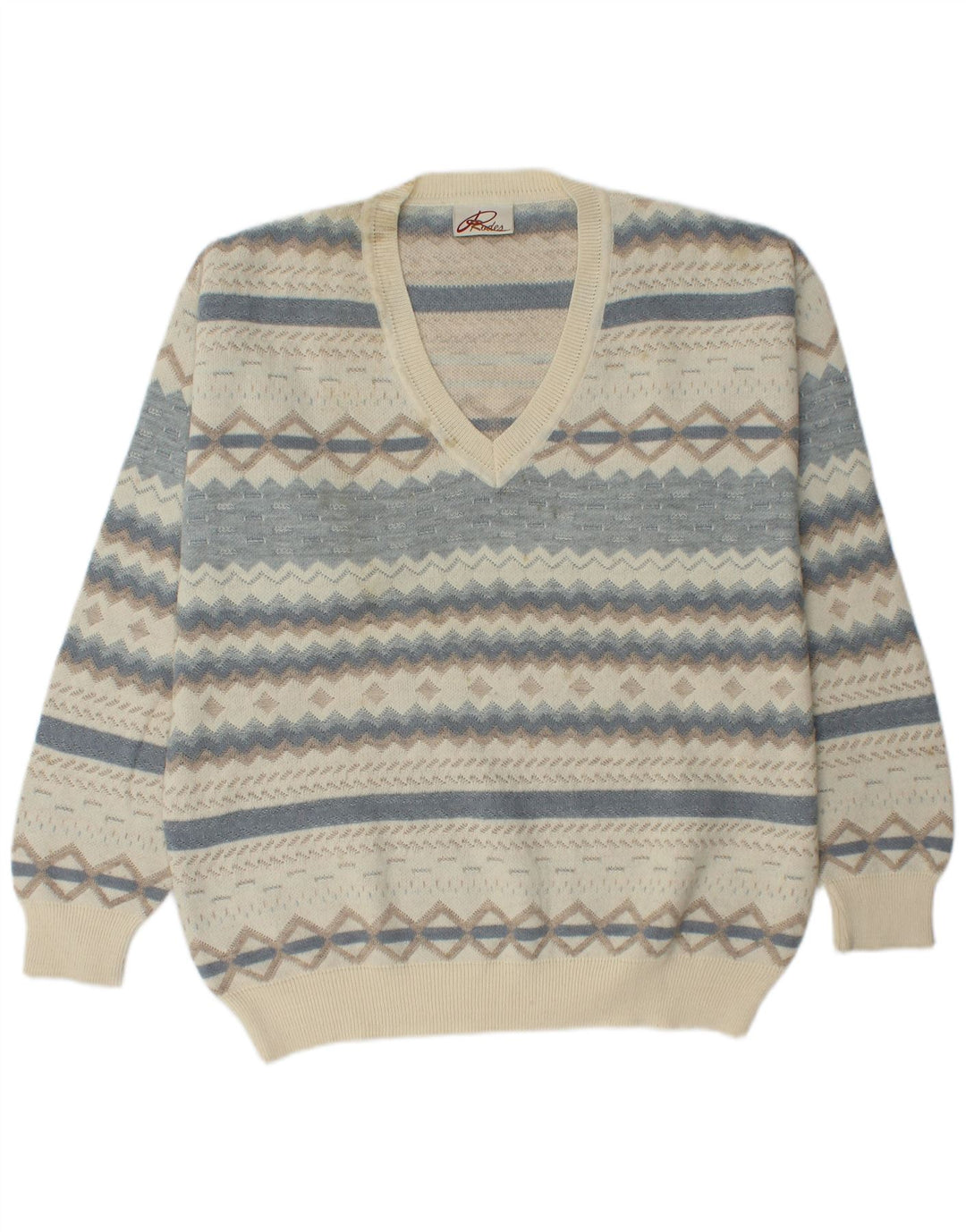 RODES Herren-Pullover mit V-Ausschnitt XL, cremefarbene, geometrische Schurwolle