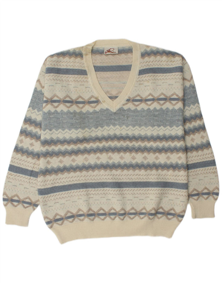 RODES Herren-Pullover mit V-Ausschnitt XL, cremefarbene, geometrische Schurwolle