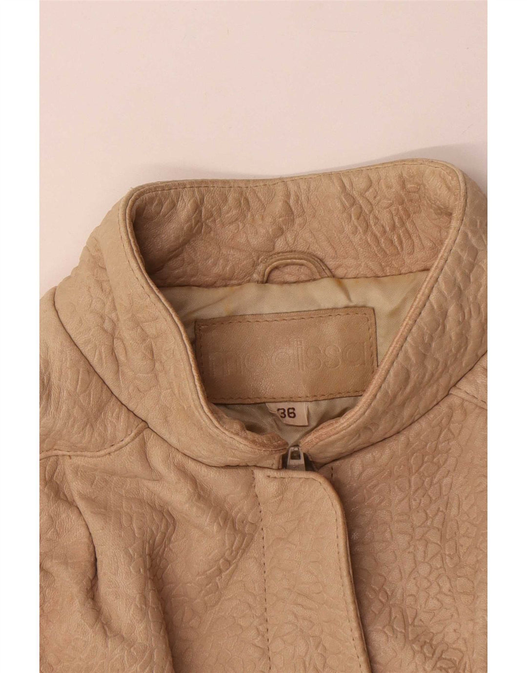 Vintage Damen Übergroße Lederjacke EU 36 Kleiner beigefarbener Tierdruck