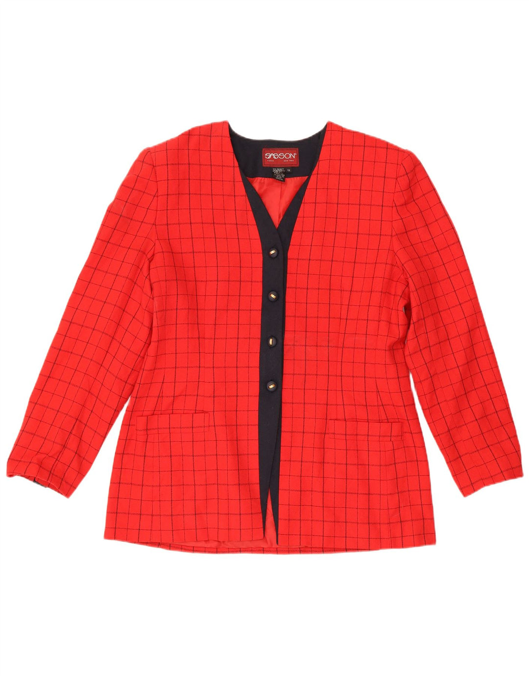 Vintage Damen Blazerjacke mit 4 Knöpfen, US 12, großes rotes Karo-Polyester