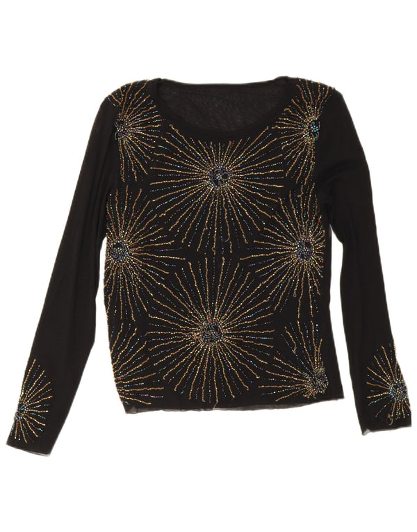 Vintage Womens Top Long Sleeve UK 10 Small Black Floral Viscose