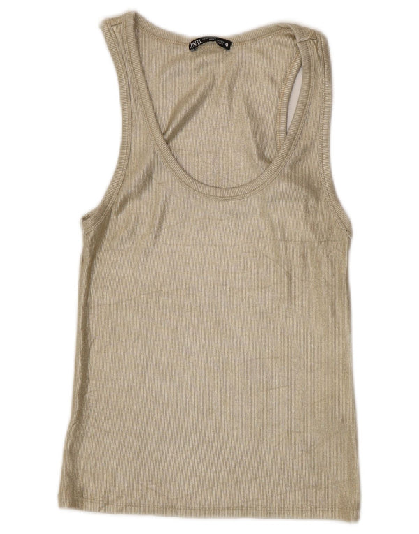 Zara Damen Weste Top UK 12 Medium Gold Viskose