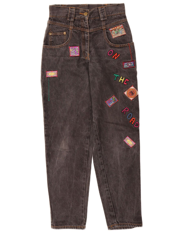 Vintage-Damen-Jeans mit Grafik, hoher Taille und schmal zulaufendem Bein, W26, L30, graue Baumwolle