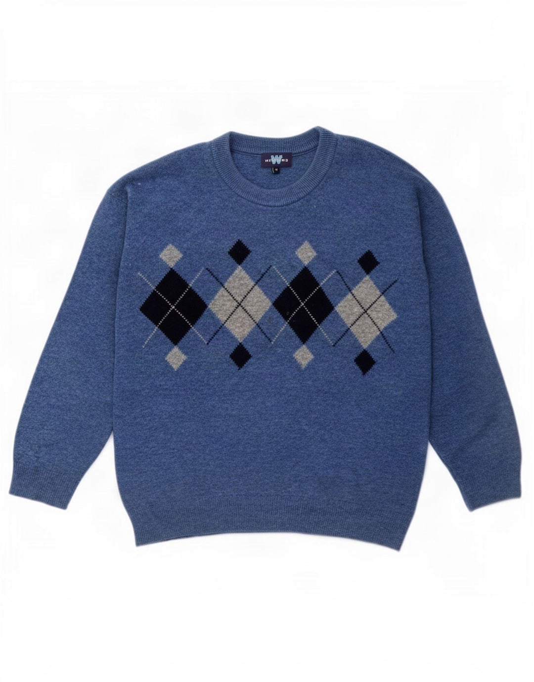 Weekend Herren-Pullover mit Rundhalsausschnitt, mittelblaue Argyle-/Diamond-Wolle