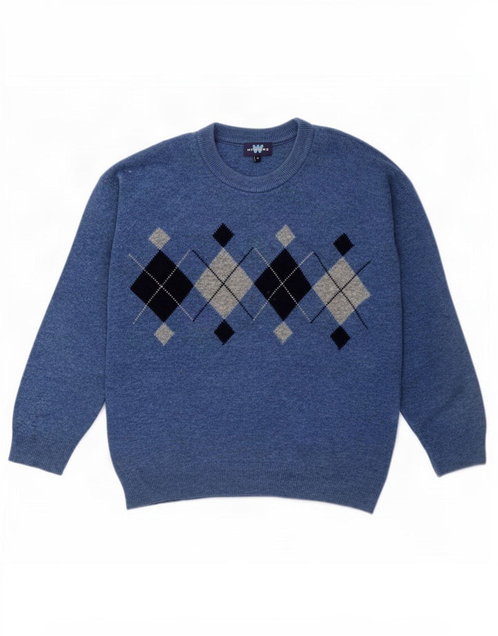Weekend Herren-Pullover mit Rundhalsausschnitt, mittelblaue Argyle-/Diamond-Wolle