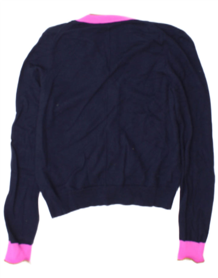 Jigsaw Damen-Cardigan-Pullover UK 14 Mittelmarineblaue Colourblock-Wolle