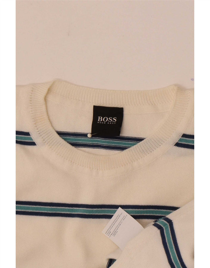 Hugo Boss Herren-Pullover mit Rundhalsausschnitt, mittelweiß gestreifte Baumwolle