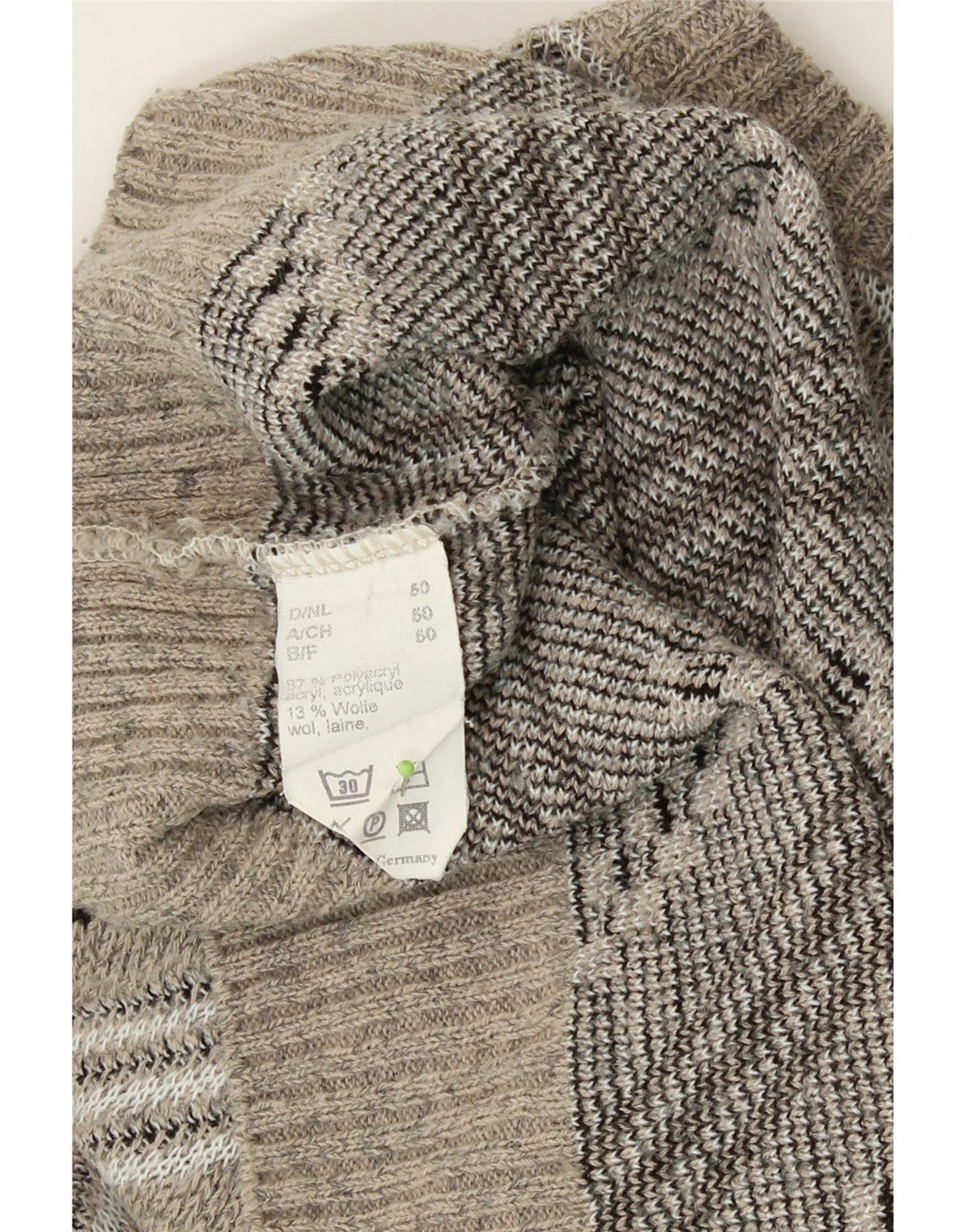 VINTAGE Mens V-Neck Jumper Sweater IT 50 Medium Grey Striped Polyacrylic Vintage Vintage and Second-Hand Vintage from Messina Hembry 