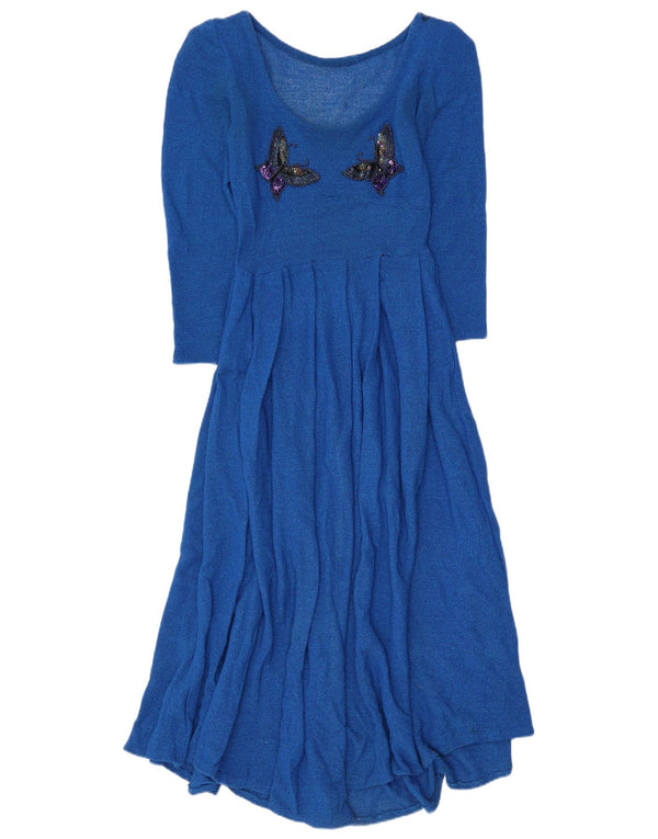Vintage Womens Long Sleeve Maxi Dress UK 4 XS Blue Butterfly