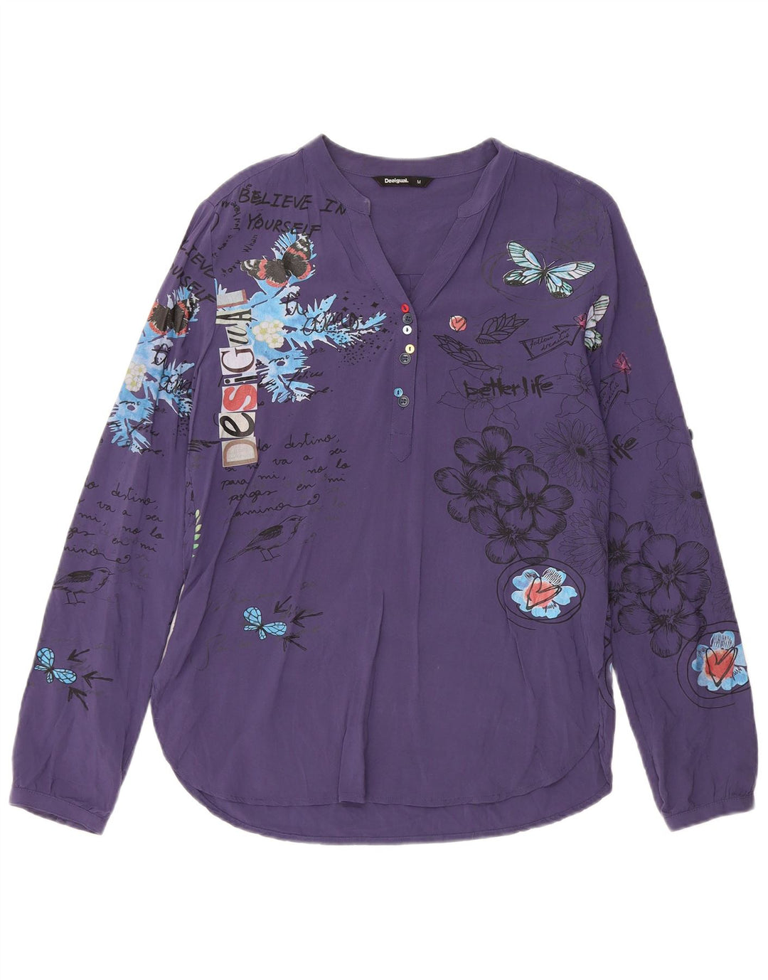 Desigual Damen Pullover-Hemd UK 14 Medium Navy Blue Floral Viscose