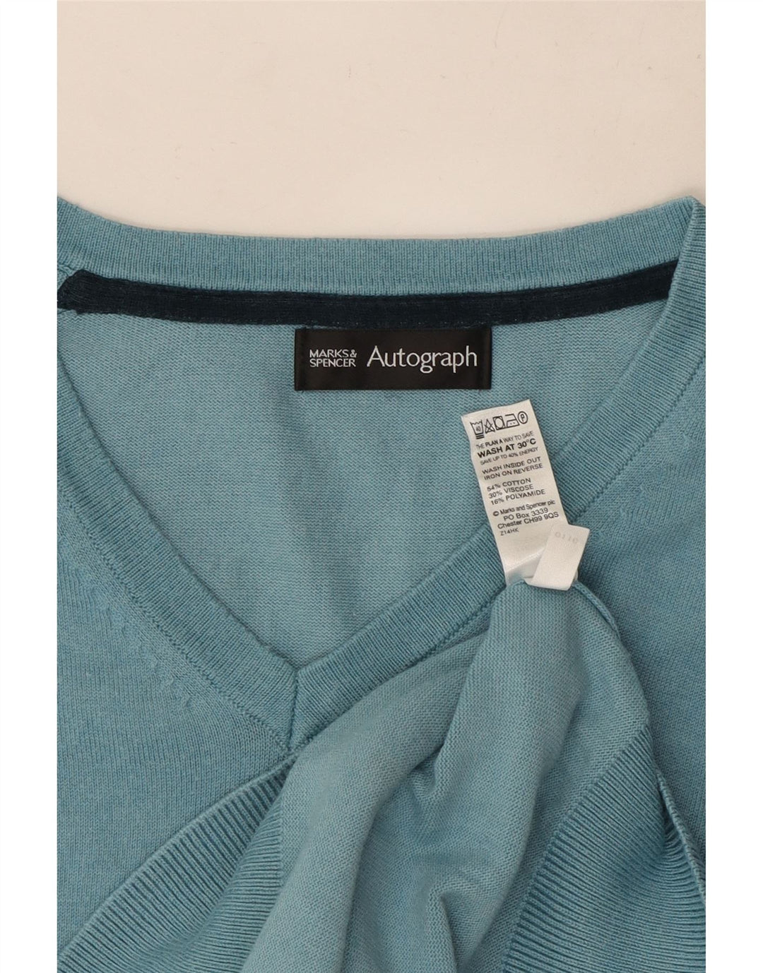 Marks & Spencer Herren Autograph Pullover mit V-Ausschnitt aus mittelblauer Baumwolle
