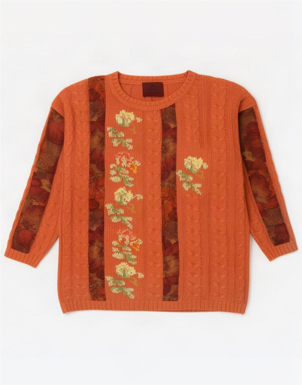 Vintage Damen-Pullover mit U-Boot-Ausschnitt, UK 14, mittelorange, geblümte Baumwolle