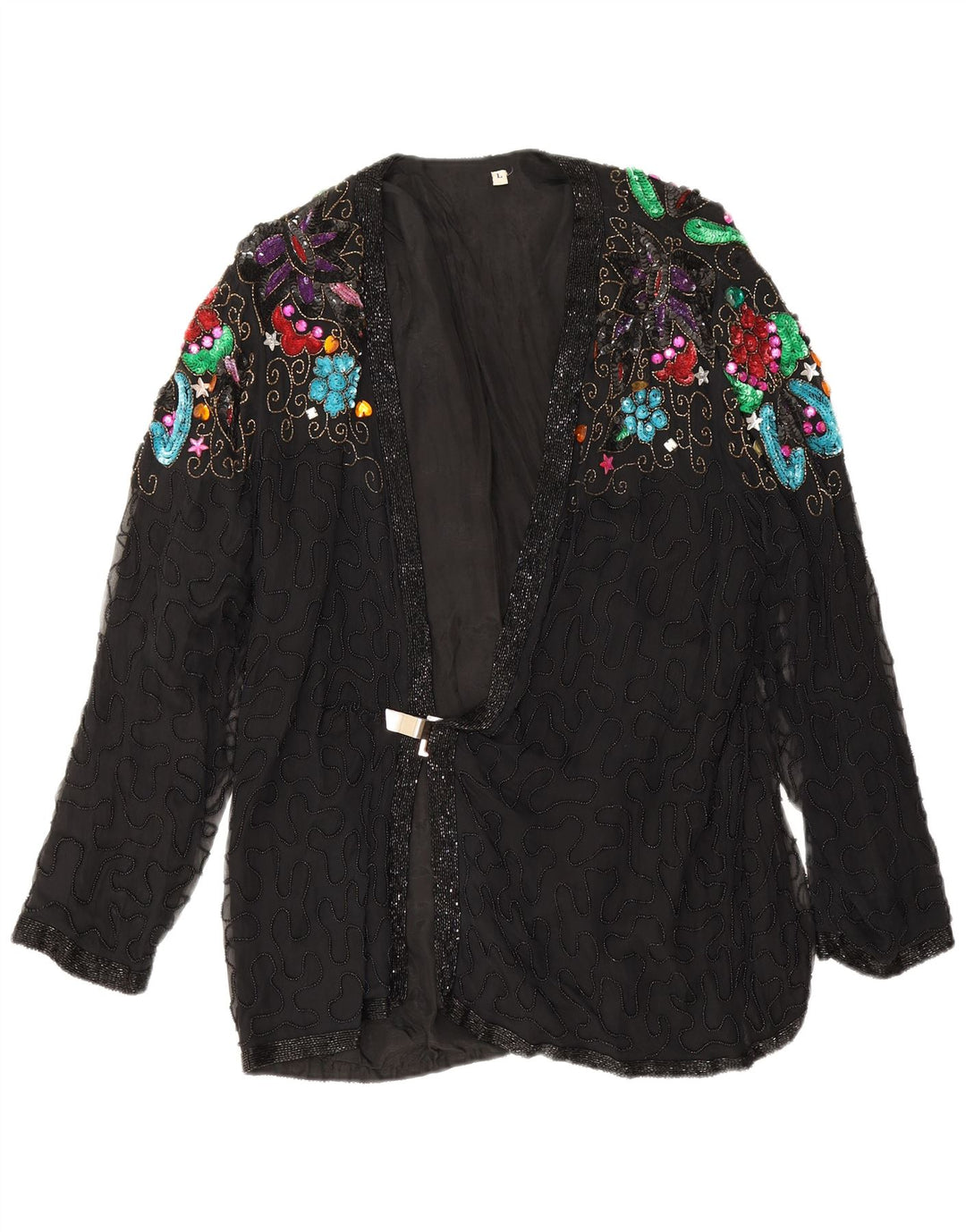 Vintage Damen Abendblazer Jacke UK 16 Große schwarze geblümte Seide