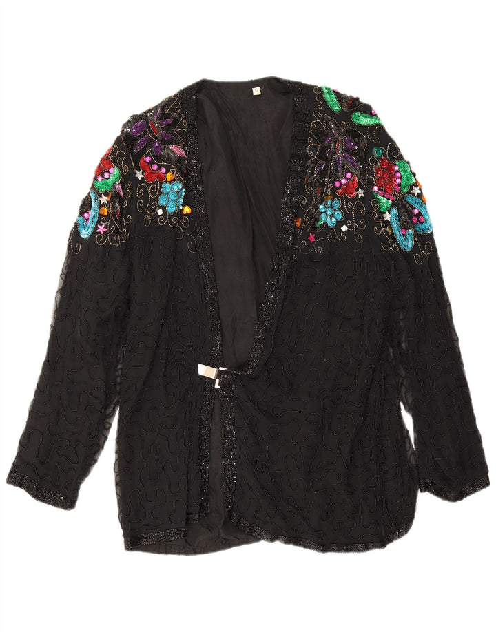 Vintage Damen Abendblazer Jacke UK 16 Große schwarze geblümte Seide