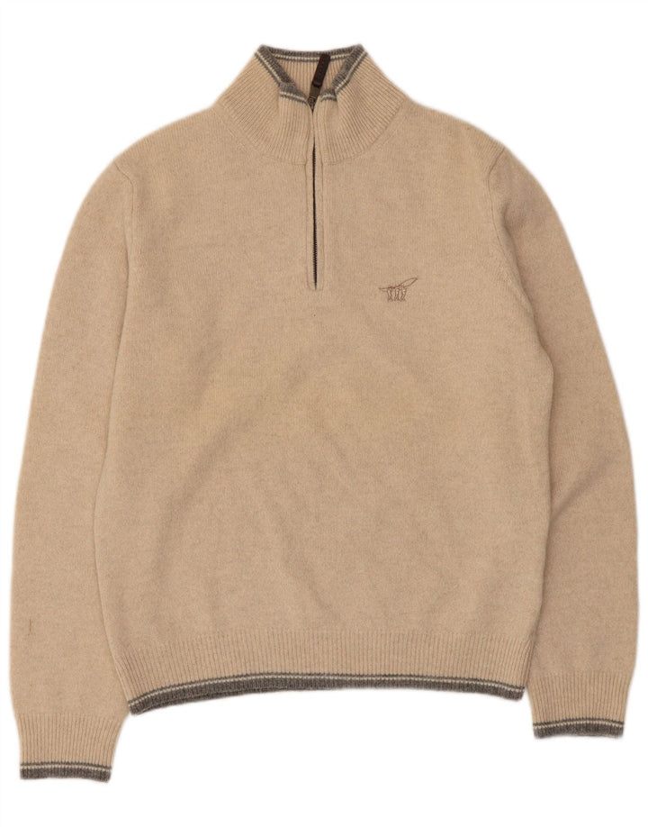 Henry Cottons Herren-Pullover mit Reißverschluss am Hals, mittelgroße beige gestreifte Schurwolle