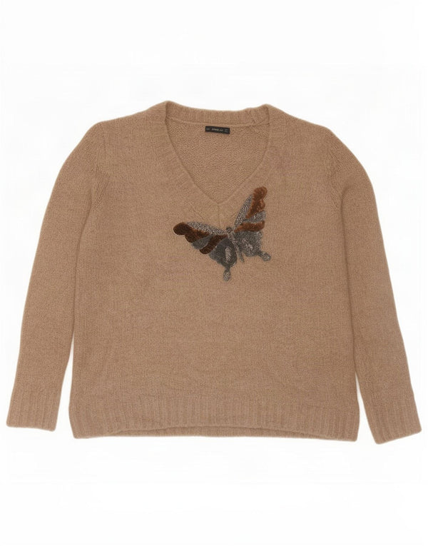 Zara Damen-Pullover mit grafischem V-Ausschnitt, Gr. 44, Größe L, Beige, Schmetterling