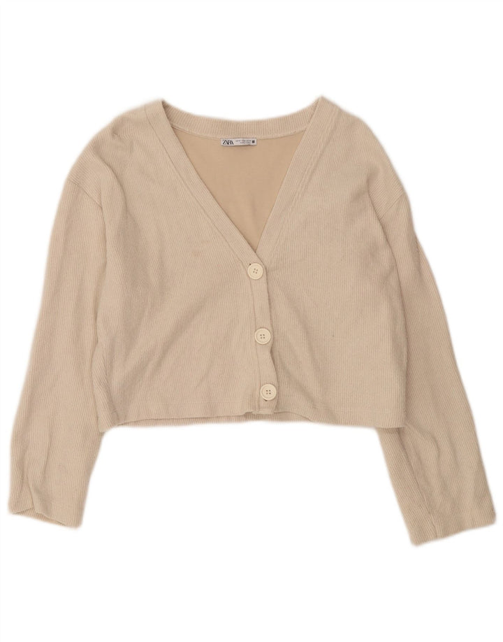 Zara Damen Crop Cardigan Pullover UK 14 Mittelbeige Baumwolle