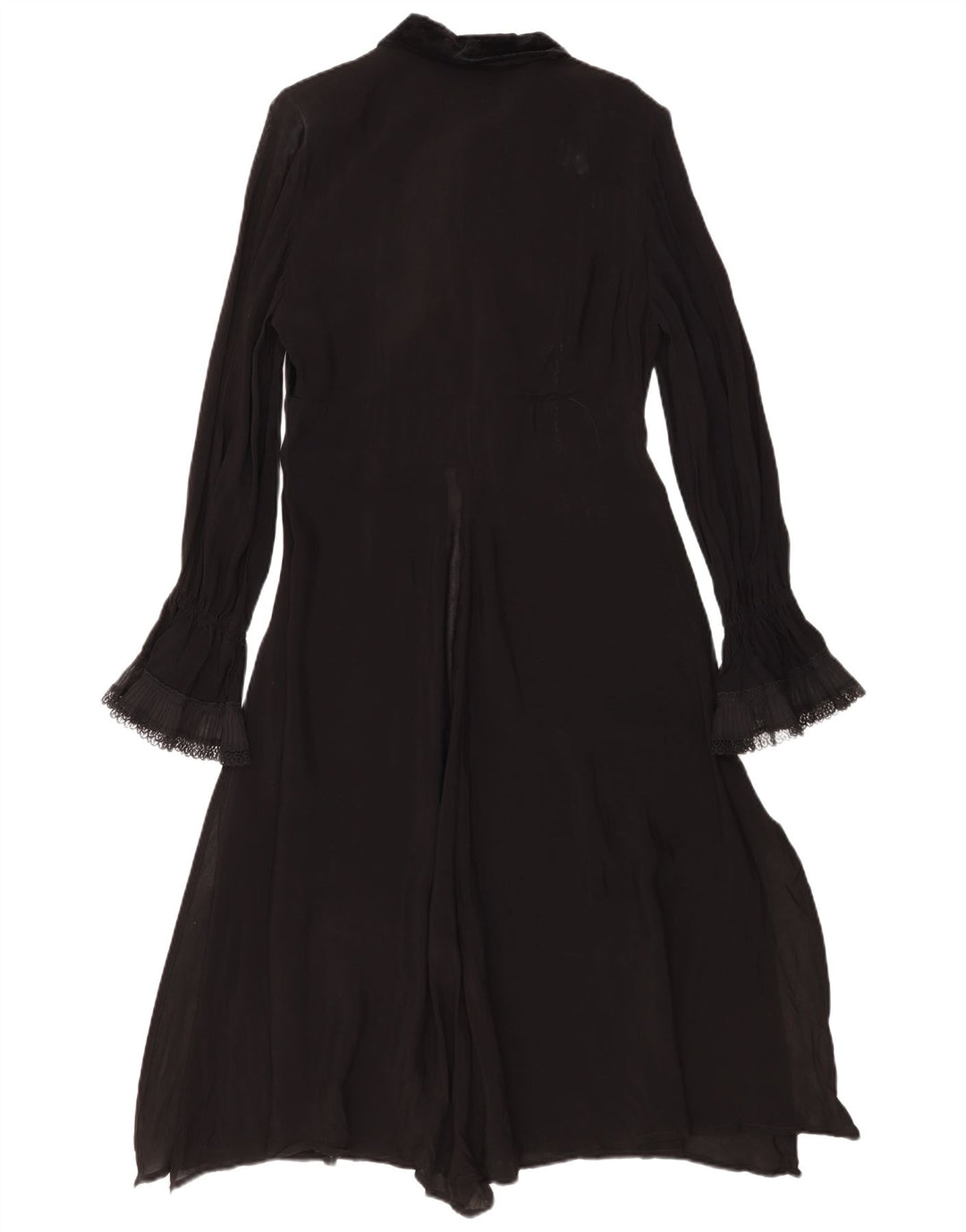 Vintage Damen Maxikleid mit langen Ärmeln und Rüschen vorne, Größe 44, mittelschwarz