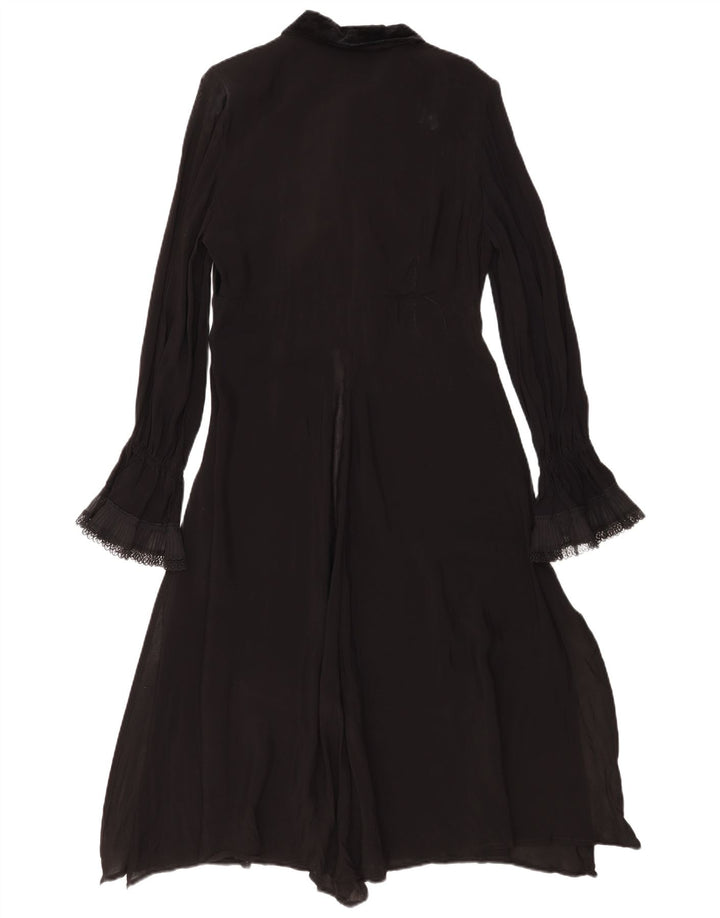 Vintage Damen Maxikleid mit langen Ärmeln und Rüschen vorne, Größe 44, mittelschwarz