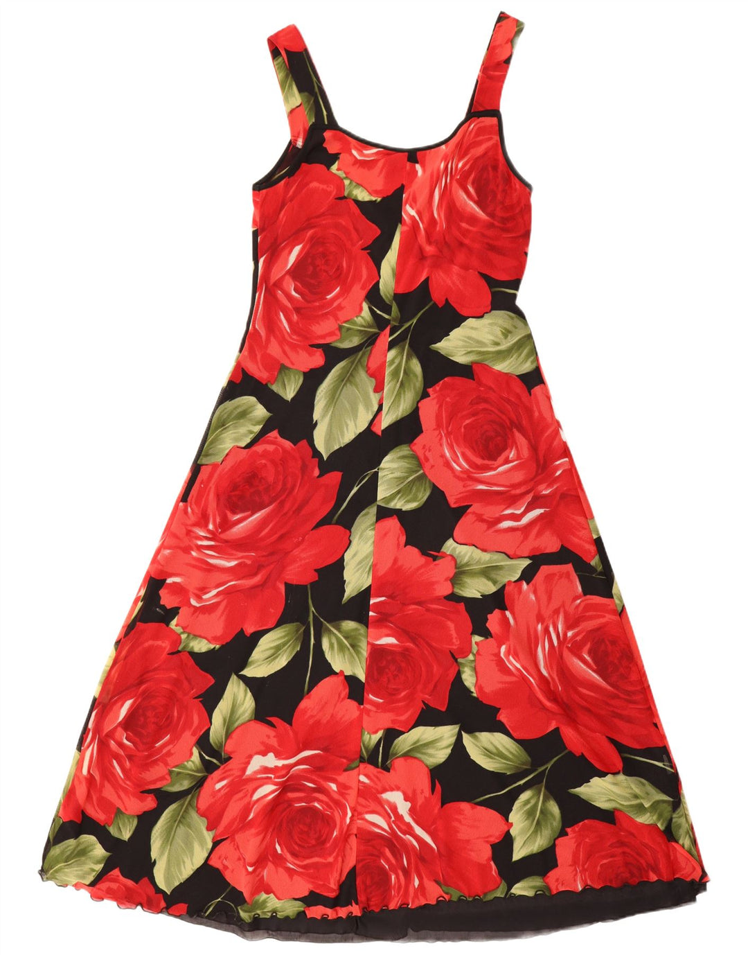 VINTAGE Ärmelloses Maxikleid für Damen UK 12 Mittelschwarzes, geblümtes Polyamid