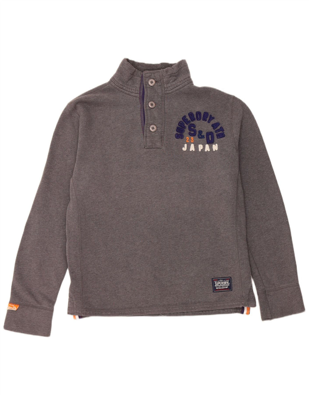 Superdry Herren-Sweatshirt mit grafischem Knopfkragen, Größe L, aus grauer Baumwolle