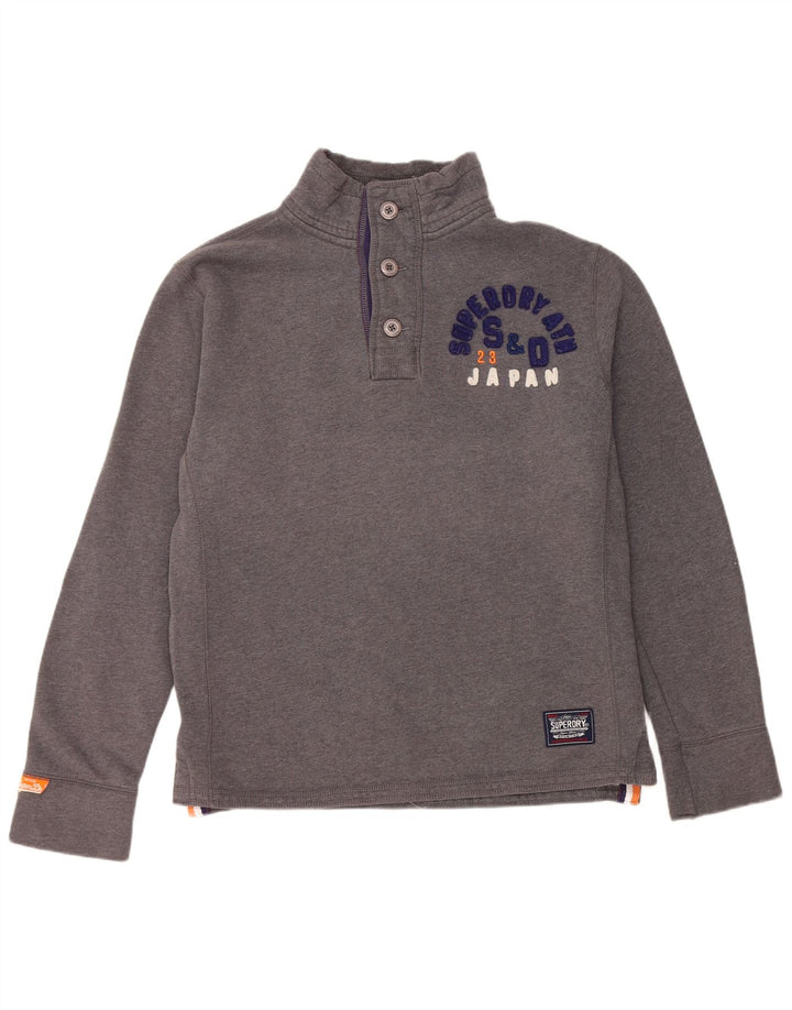 Superdry Herren-Sweatshirt mit grafischem Knopfkragen, Größe L, aus grauer Baumwolle