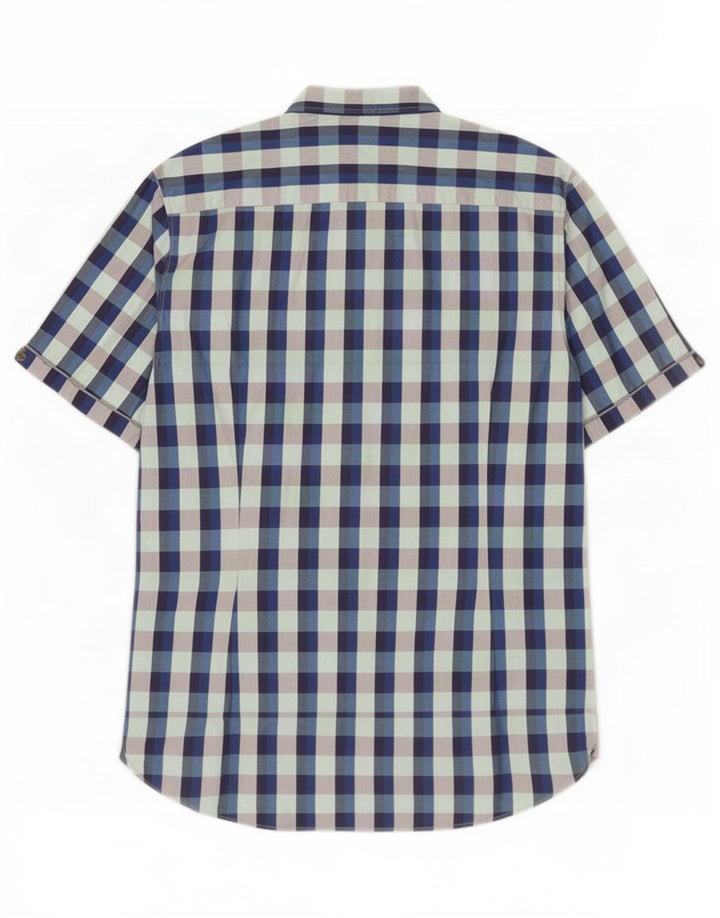 Ted Baker Herren-Kurzarmhemd, Größe 4, groß, blaue Gingham-Baumwolle
