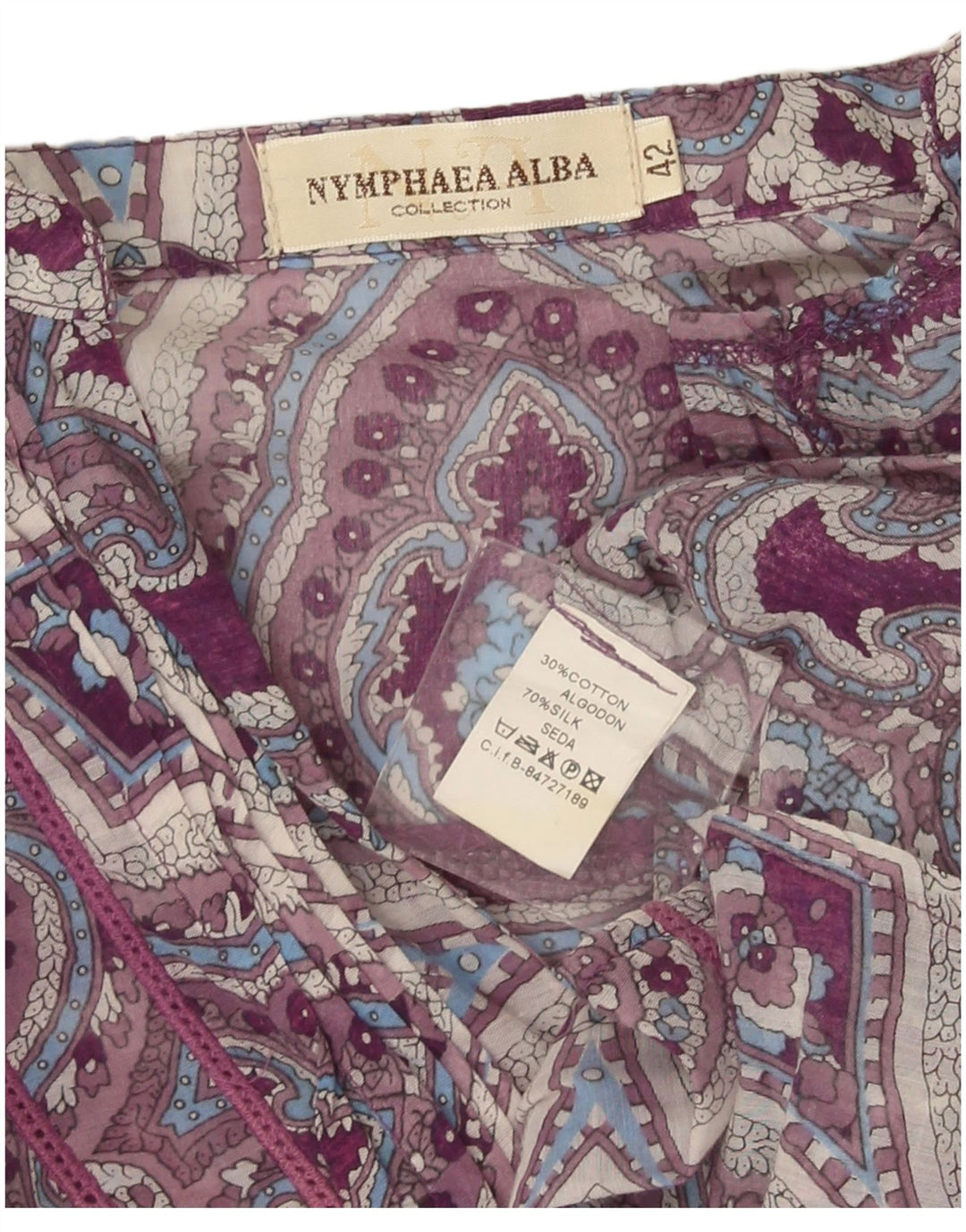 Nymphaea Alba Damen Langarm-Tunika-Oberteil IT 42 Mittellila Paisley-Seide