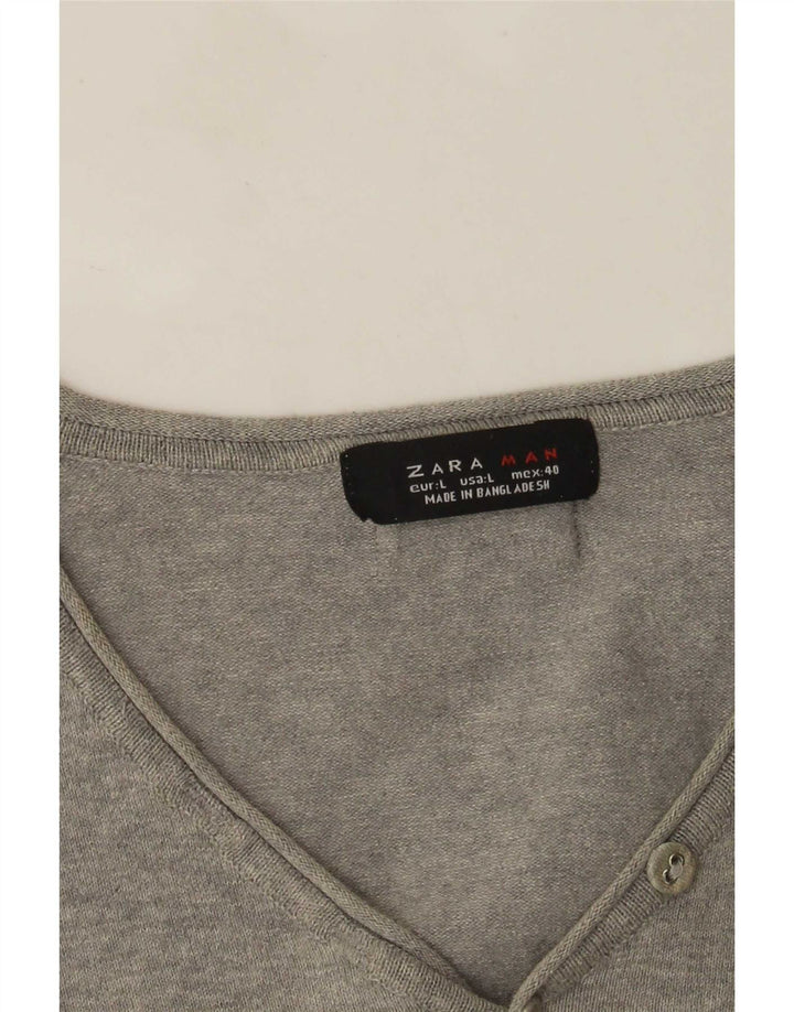 Zara Herren-Pullover, kurzärmelig, V-Ausschnitt, groß, grau gefleckt