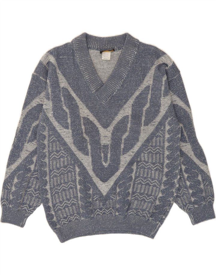 VINTAGE Mens Abstract Pattern V-Neck Jumper Sweater IT 50/52 Medium Blue Vintage Vintage and Second-Hand Vintage from Messina Hembry 