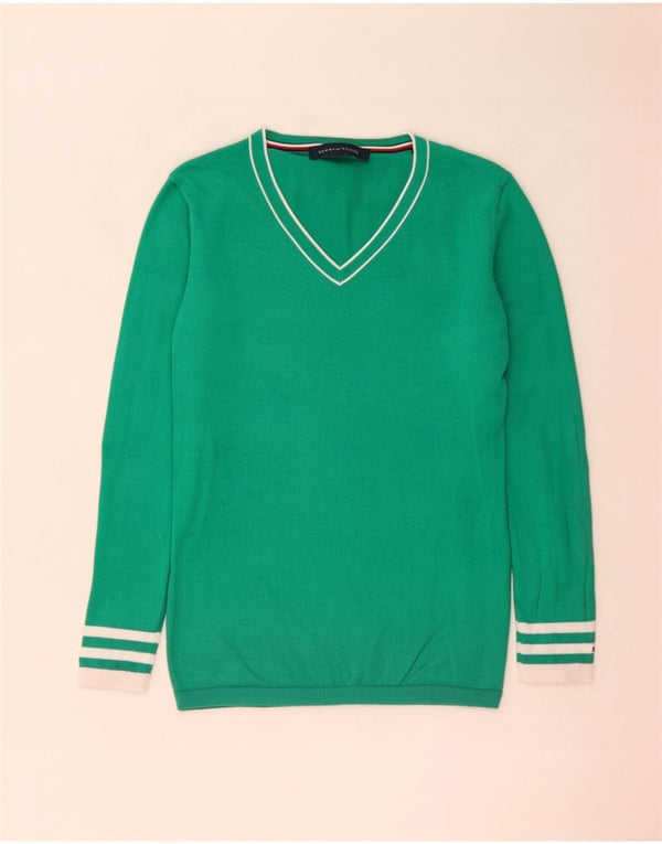 Tommy Hilfiger Damen-Pullover mit V-Ausschnitt, UK 12, Mittelgrün, Farbblock