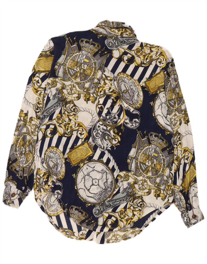 Vintage Damen Hemd mit abstraktem Muster UK 14 Medium Marineblau Viskose