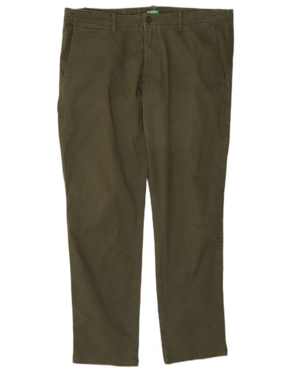Benetton Herren Straight Chino Hose IT 54 2XL W40 L30 Khaki Baumwolle