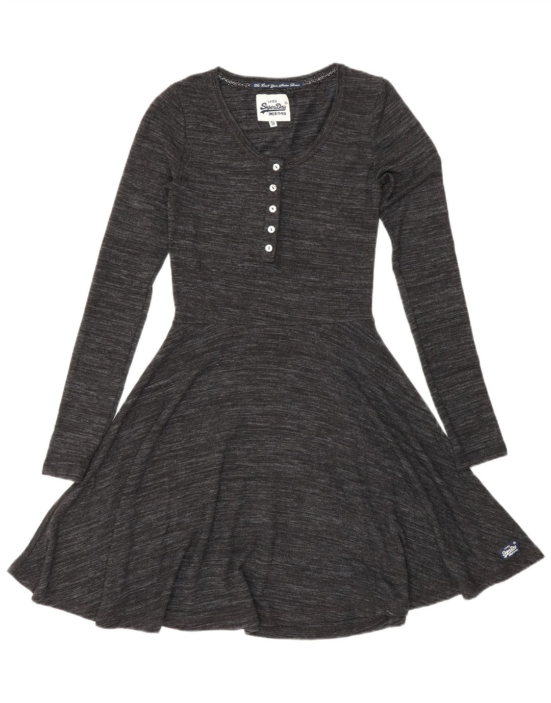 Superdry Damen-Langarmkleid in A-Linie, Gr. 8, Größe S, grau gefleckte Viskose