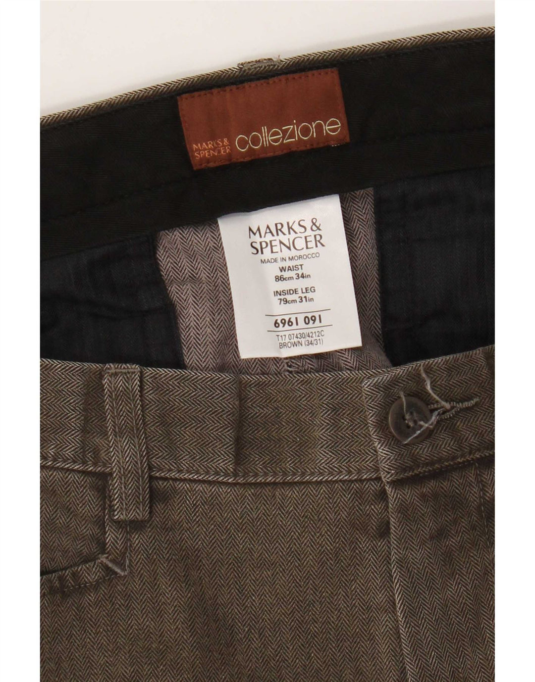 Marks & Spencer Herren-Freizeithose, gerade, W34, L31, braun, Fischgrätenmuster